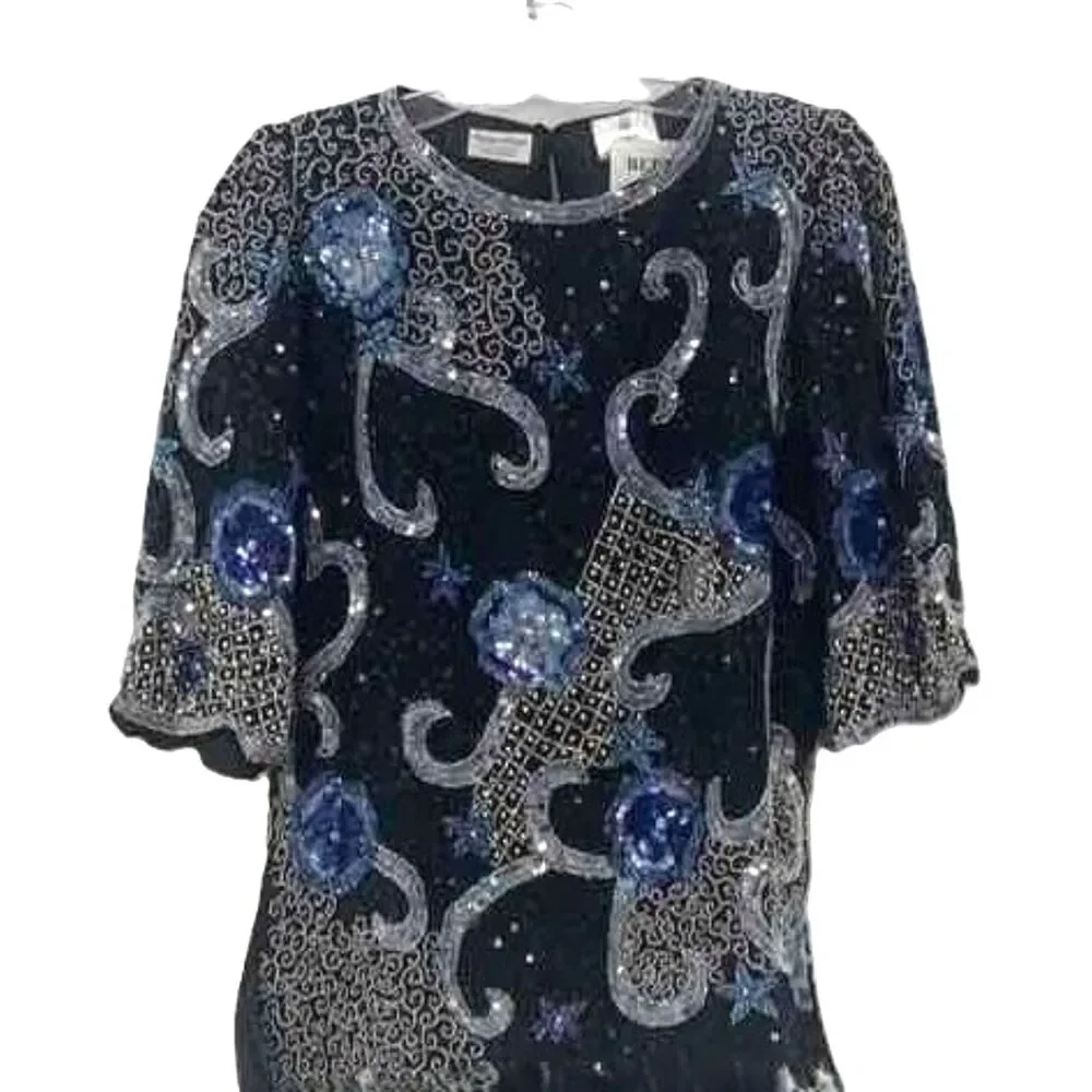 Women's Praise Hymn Black & Blue 100% Silk Top Size XS